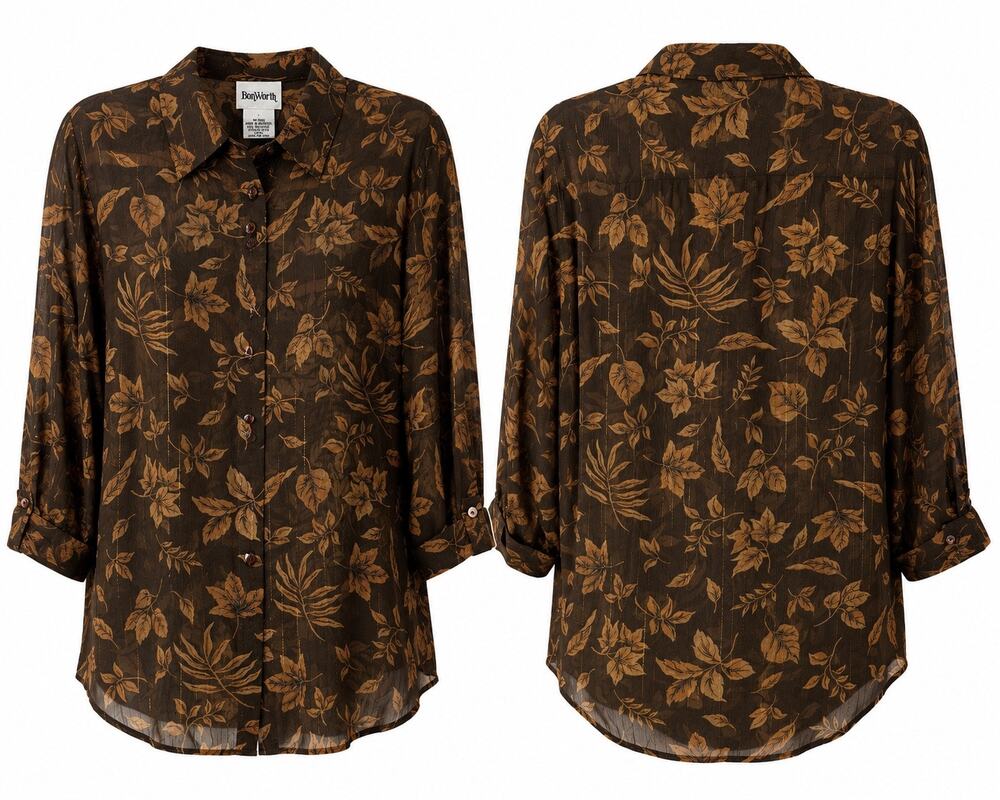 Y2K BonWorth Large Brown Sheer Leaf Print Button Front Blouse 3/4 Sleeve